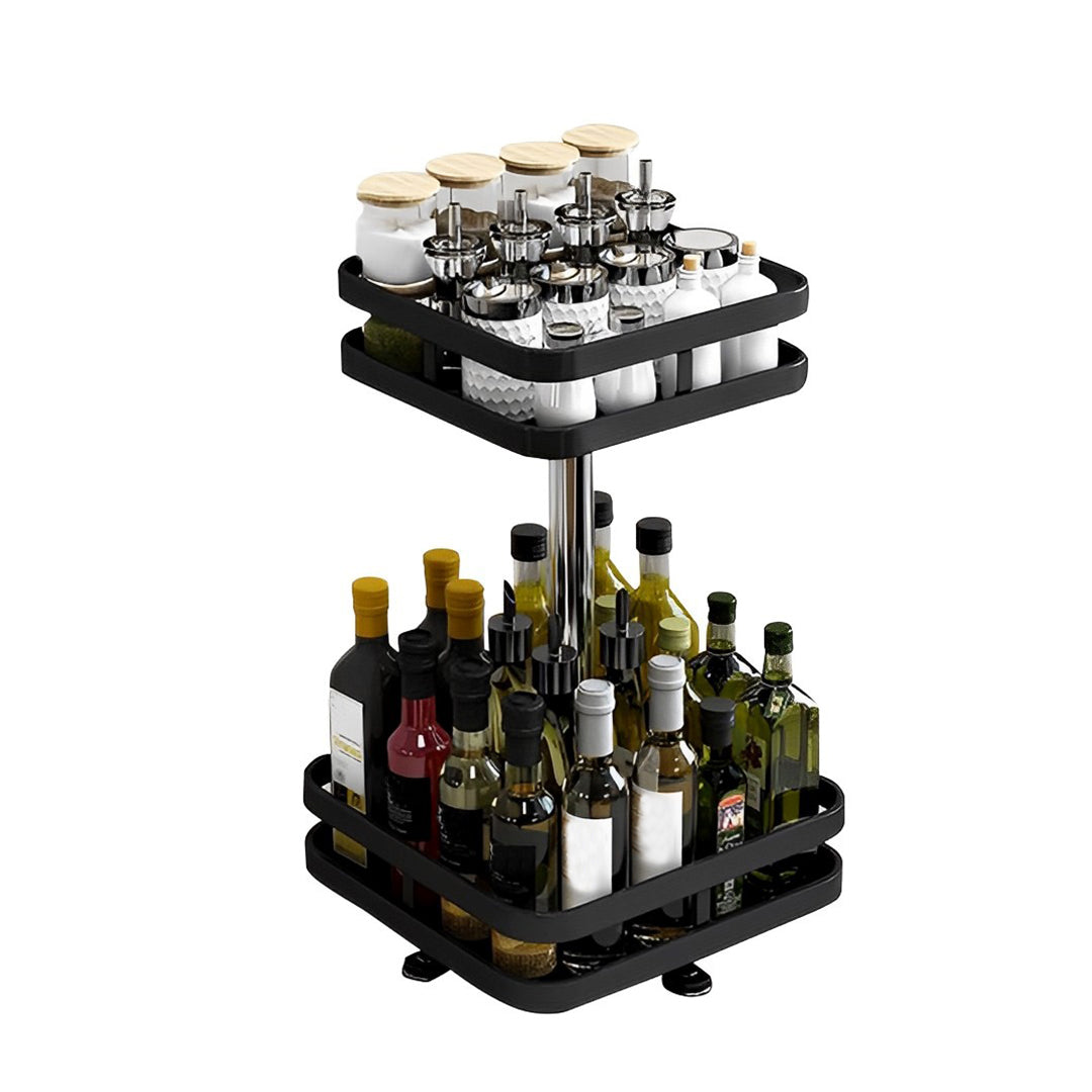NNEAGS 2 Tier Steel Black Square Rotating Multi-Function Kitchen Portable Storage Spice Seasoning Kitchen Countertop Organiser Shelf-0