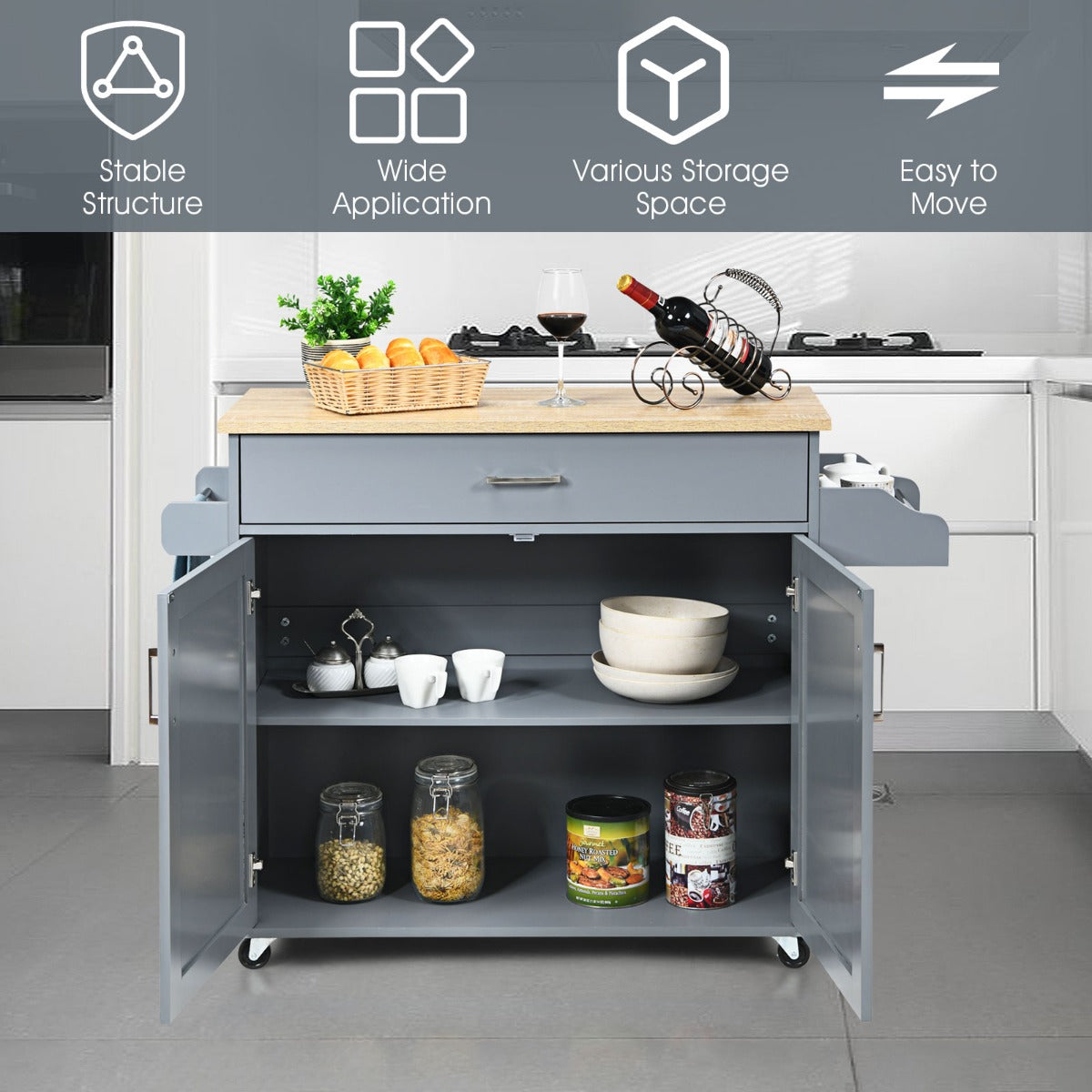 Carrito isla de cocina NNECW gris | Mueble auxiliar con ruedas bloqueables y gran capacidad de almacenamiento-2