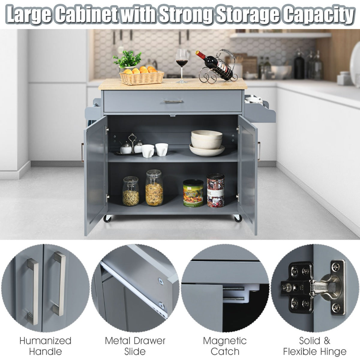 Carrito isla de cocina NNECW gris | Mueble auxiliar con ruedas bloqueables y gran capacidad de almacenamiento-4