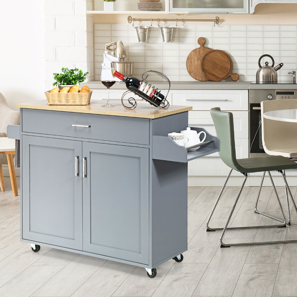 Carrito isla de cocina NNECW gris | Mueble auxiliar con ruedas bloqueables y gran capacidad de almacenamiento-0