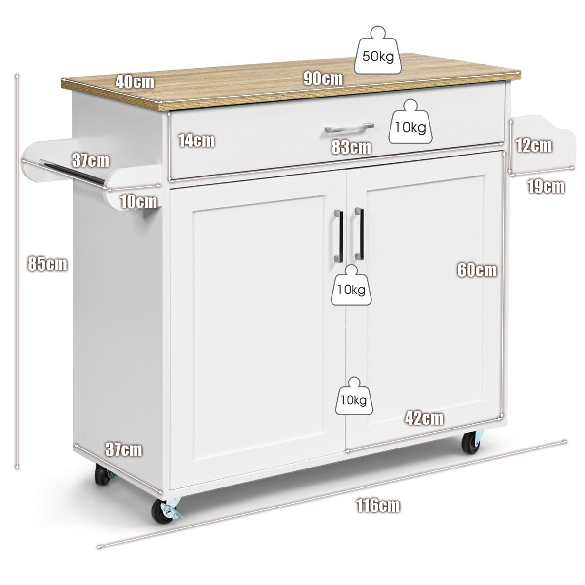 Isla de cocina portátil con ruedas bloqueables NNECW | Mueble auxiliar de cocina con almacenamiento y fácil movilidad-3