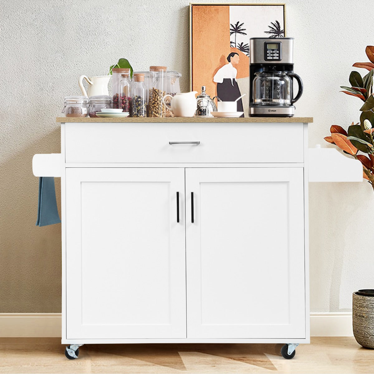 Isla de cocina portátil con ruedas bloqueables NNECW | Mueble auxiliar de cocina con almacenamiento y fácil movilidad-0