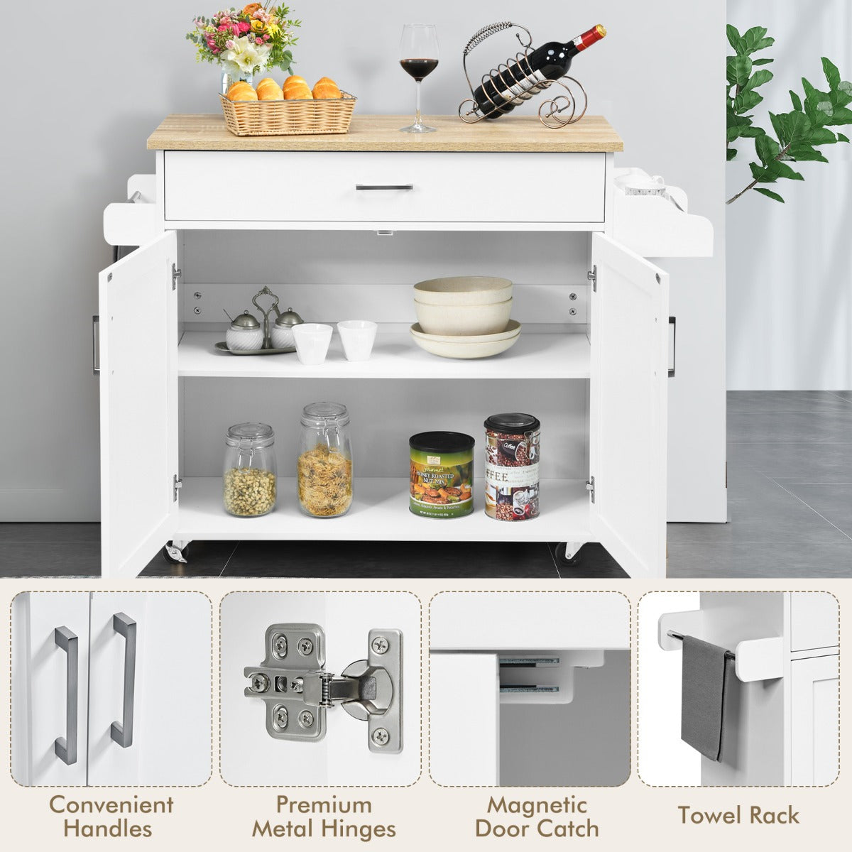 Isla de cocina portátil con ruedas bloqueables NNECW | Mueble auxiliar de cocina con almacenamiento y fácil movilidad-2