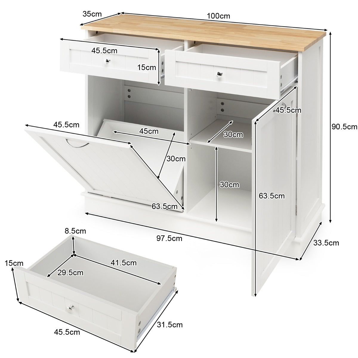 Papelera de cocina blanca con estante ajustable NNECW | Mueble para cubo de basura con diseño moderno-3