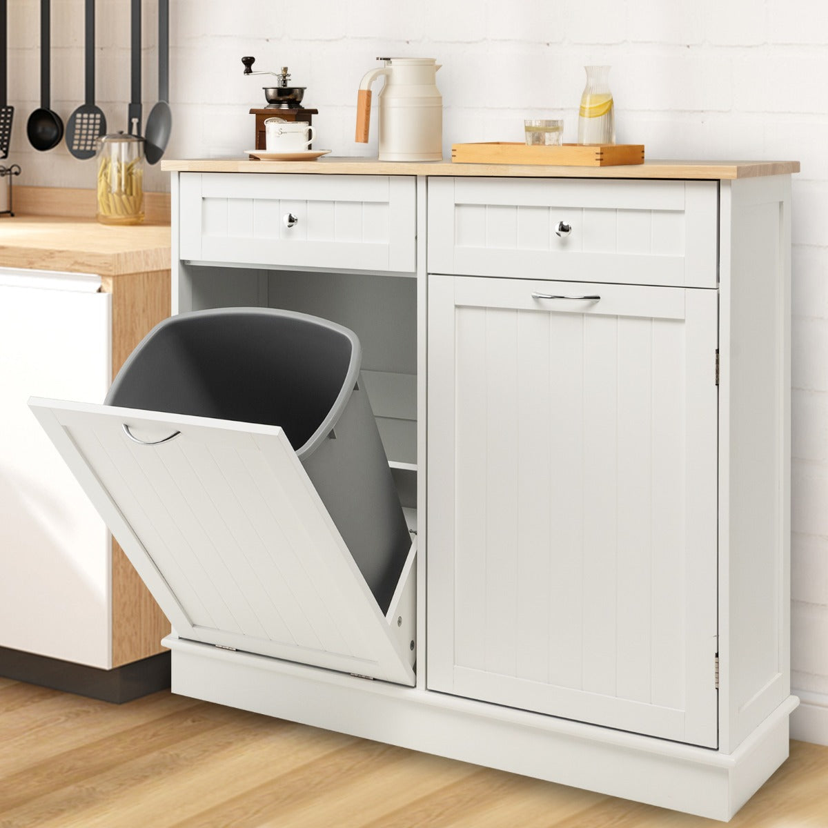 Papelera de cocina blanca con estante ajustable NNECW | Mueble para cubo de basura con diseño moderno-0